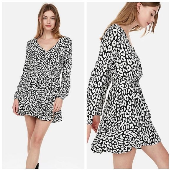 Express Black White Pink Faux Wrap Ruffled Tiered Mini Dress Size Small - Picture 1 of 8